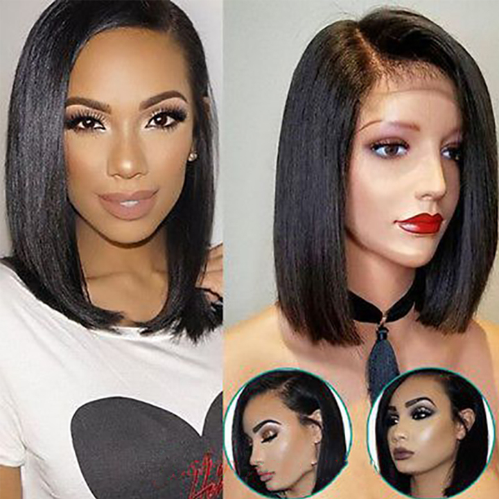 Short  Lace Front Wigs Brazilian Remy Hair Bob Wig With Pre Plucked Hairline Bleached Knots
