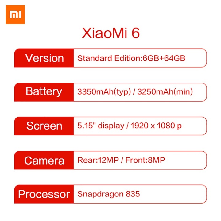 Refurbished Xiaomi Mi 6 5.15&quot; 6GB +128GB 1080p 4G smartphone dual camera 12.0MP 3350mAh Mi6