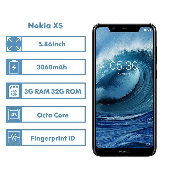 Refurbished Nokia X5/5.1plus  5.86&quot; 3060mAh 3G + 32G/4G+64G  3 Camera Dual Sim  Fingerprint ID Phone