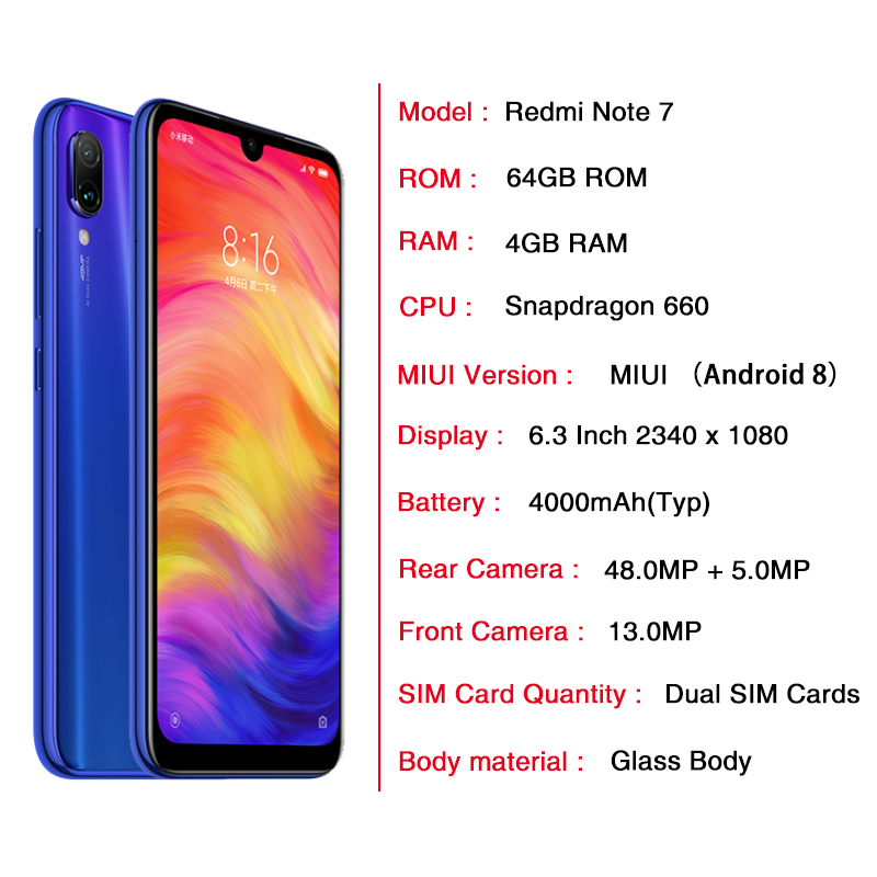 Refurbished Xiaomi Redmi Note 7 6.3&quot; 4GB/6GB +64GB Phone 48MP +13MP Dual Camera  19.5:9 Full Screen