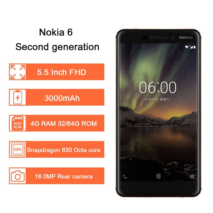 Refurbished Nokia 6 Second generation 2nd 4GB+64GB Mobile phone 5.5&apos;&apos; 16.0MP+8MP 3000mAh Smartphone