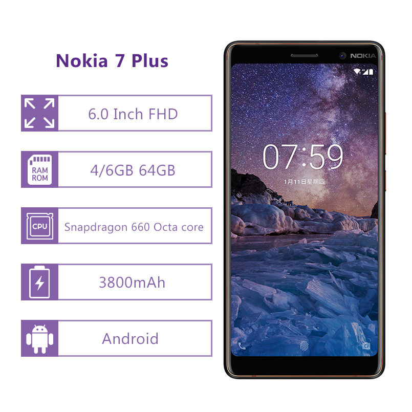 Refurbished Nokia 7 Plus Smartphone 6.0&apos;&apos; 6+64GB 13MP+16MP Mobile Phone 3800mAh 4G NFC Cellphone