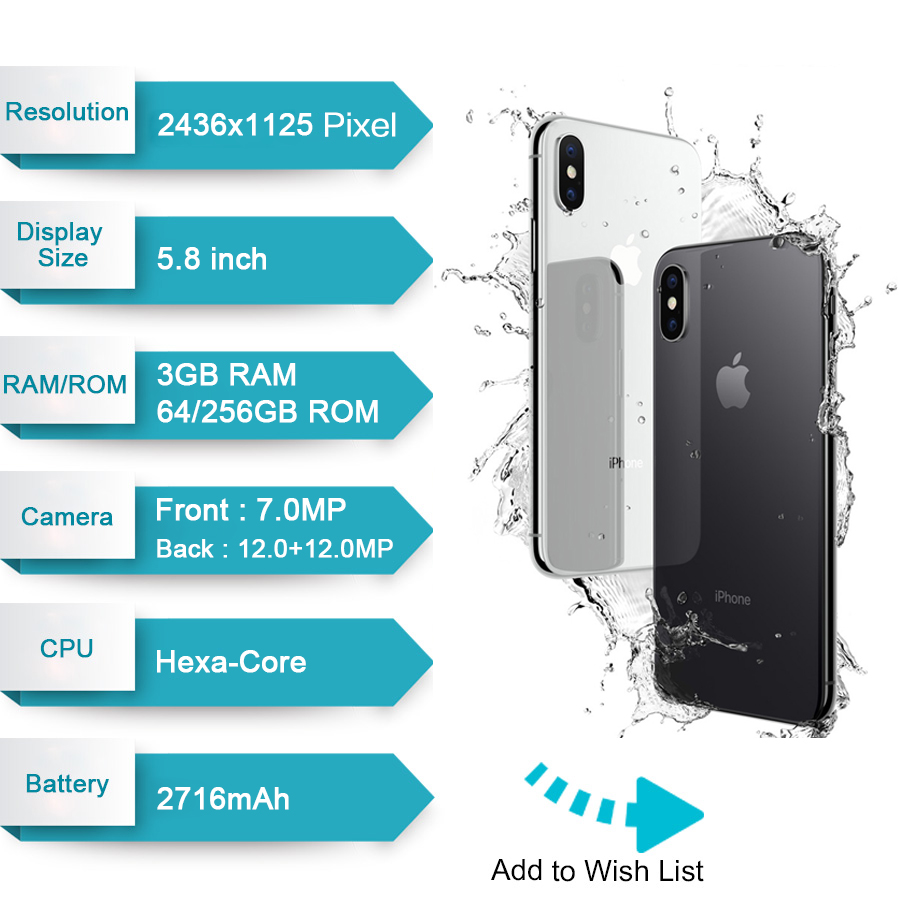 Refurbished Apple iPhone X Phone 64G/256G 5.8Inch without Face  Fuction 3GB Ram  Dual Camera  4G LT
