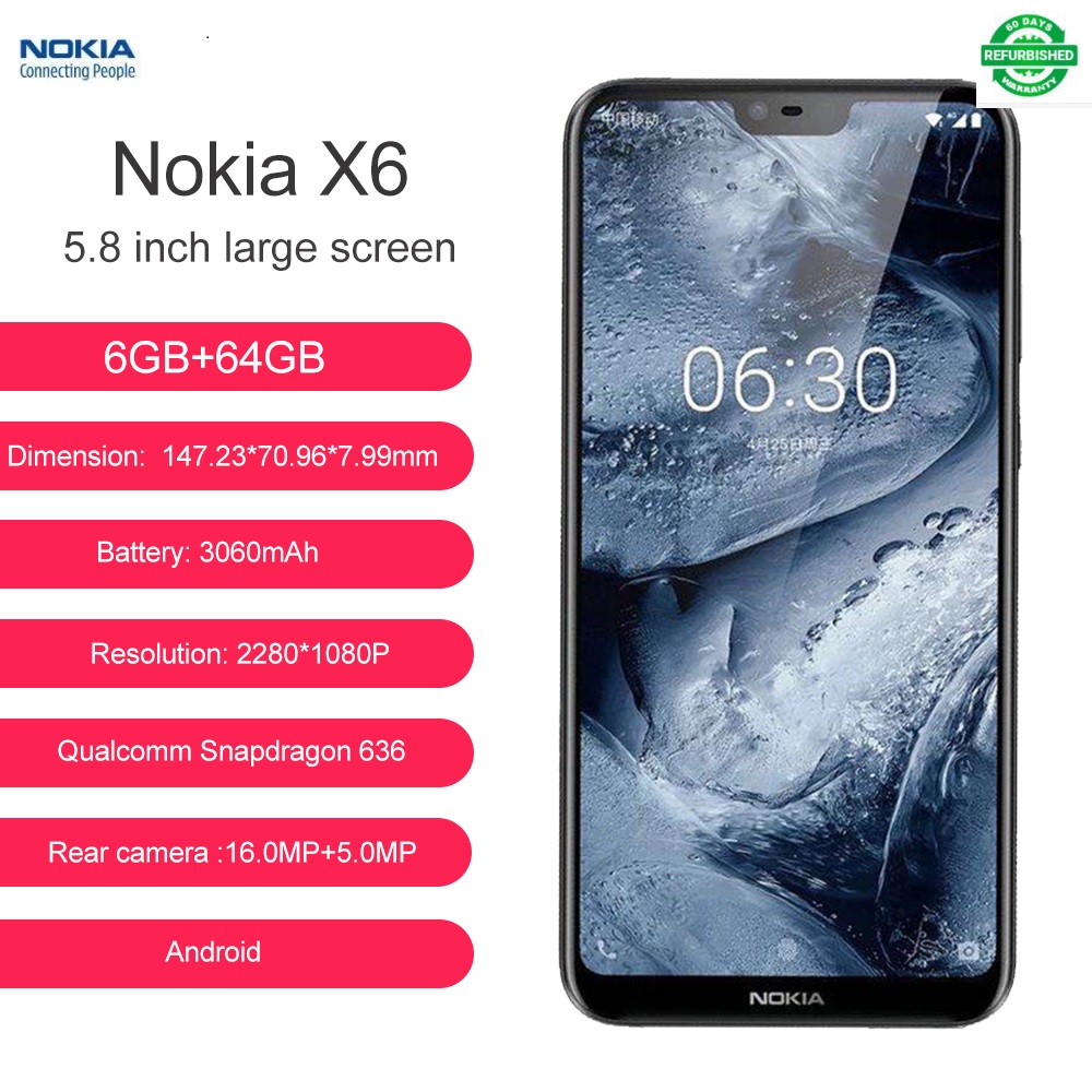 Refurbished Nokia X6/6.1plus 6+64g Smartphone 5.8inch 3060mAh 16MP+16MP Camera Fingerprint ID