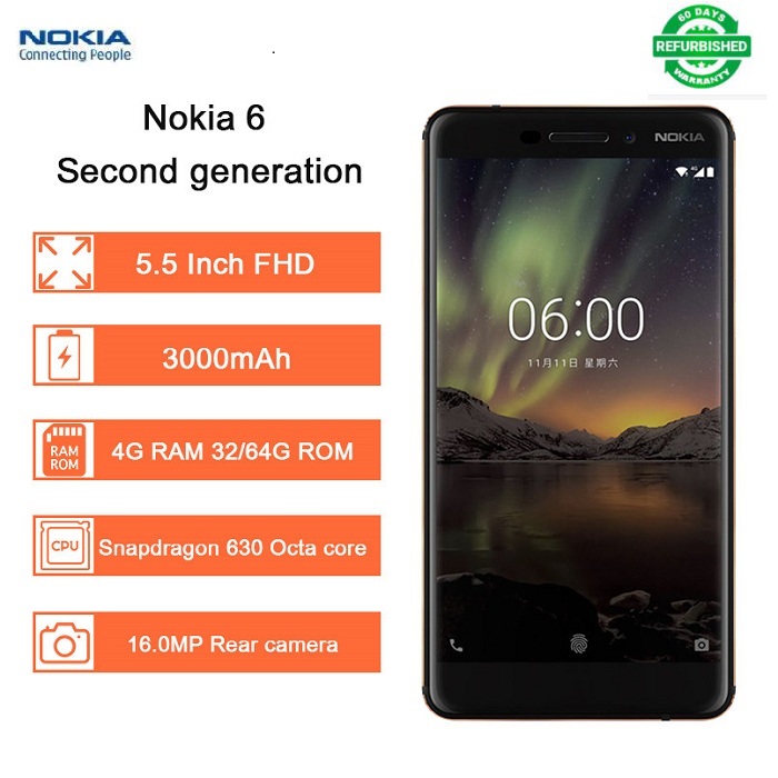 Refurbished Nokia 6 Second generation 4GB+32GB/64GB Mobile phone 5.5&apos;&apos; 16.0MP+8mp 3000mAh Smartphone