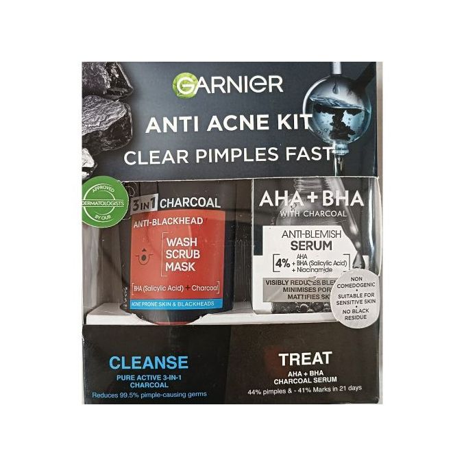 【Discounted】Garnier AHA+BHA Charcoal Serum + Pure Active 3-in-1 Charcoal Mask-(Anti-acne kit)