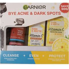 Garnier Bye Acne & Dark Spots Kit.-AHA+BHA  Pure Active 3-in-1 Charcoal Mask+vitamin c booster serum+spf kit