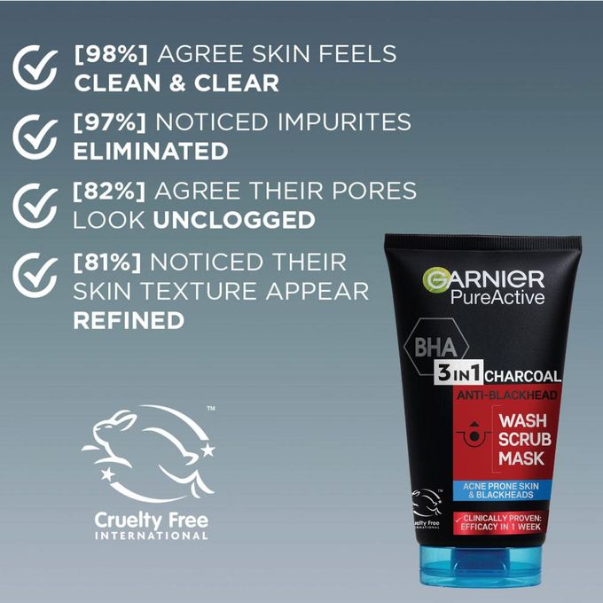 【New Year deal】Garnier Pure Active 3 In1 Charcoal Anti Blackhead Mask Wash Scrub -150ml