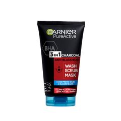Garnier Pure Active 3 In1 Charcoal Anti Blackhead Mask Wash Scrub 150ml- powered by salicylic acid & purifying charcoal to reduce pimples causing germs by 99.5%,It unclogs pores, b Black normal
