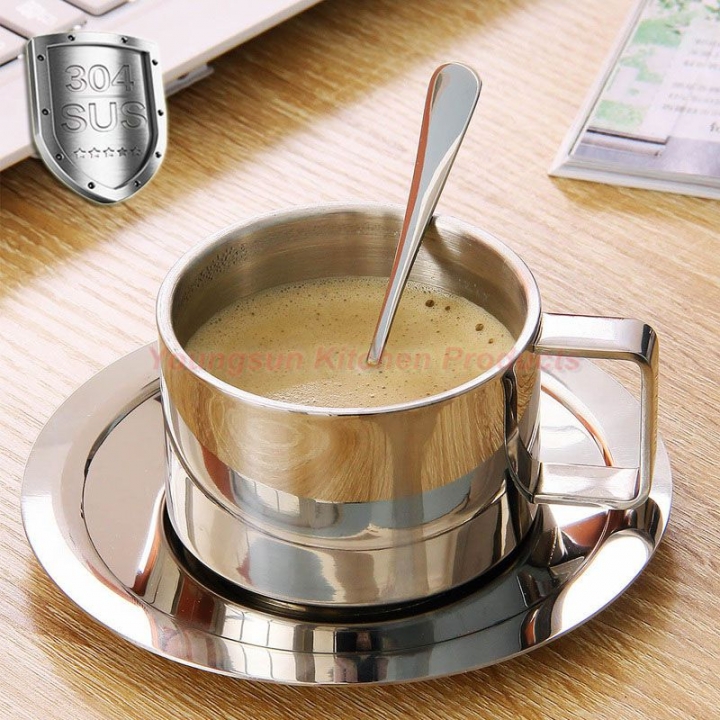 304 Stainless Steel Double Wall Heat Insulated Coffee Cup Set Includes Spoon and Saucer Coffee Mug