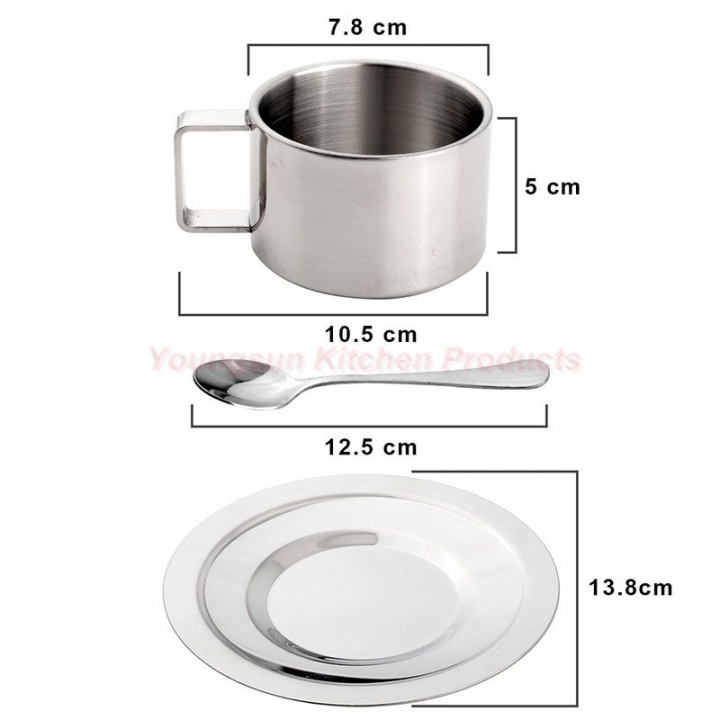304 Stainless Steel Double Wall Heat Insulated Coffee Cup Set Includes Spoon and Saucer Coffee Mug