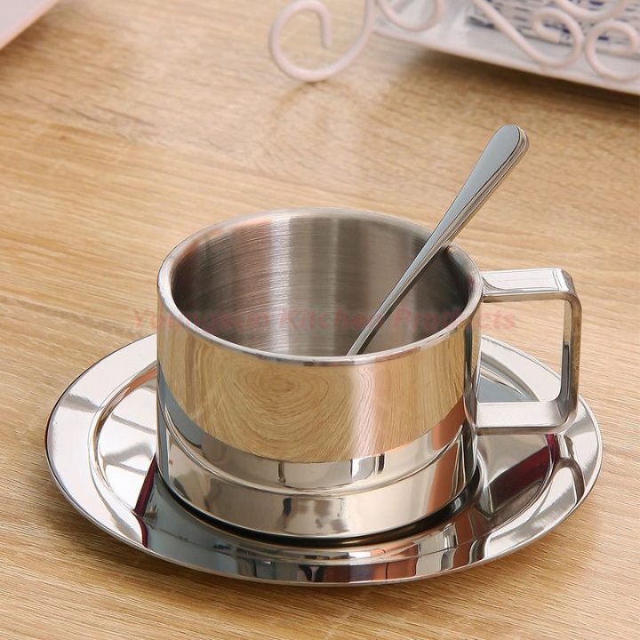304 Stainless Steel Double Wall Heat Insulated Coffee Cup Set Includes Spoon and Saucer Coffee Mug