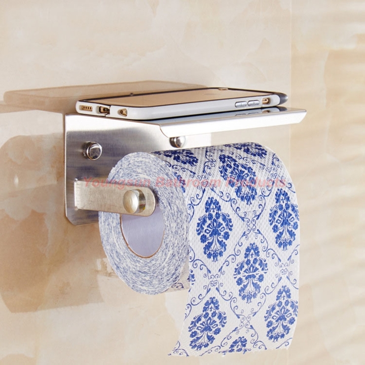 Stainless Steel Bathroom Rack Toilet Tissue Dispenser Toilet Paper Holder with Mobile Phone Shelf