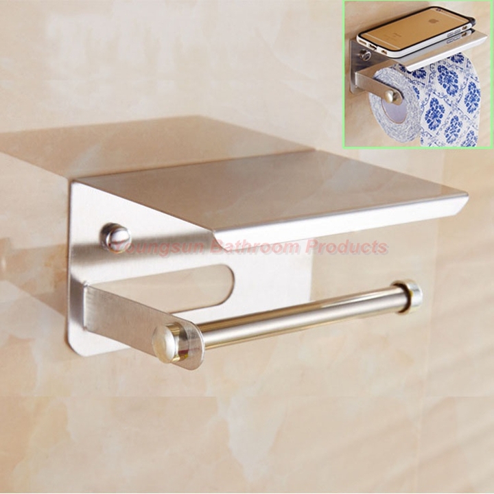 Stainless Steel Bathroom Rack Toilet Tissue Dispenser Toilet Paper Holder with Mobile Phone Shelf