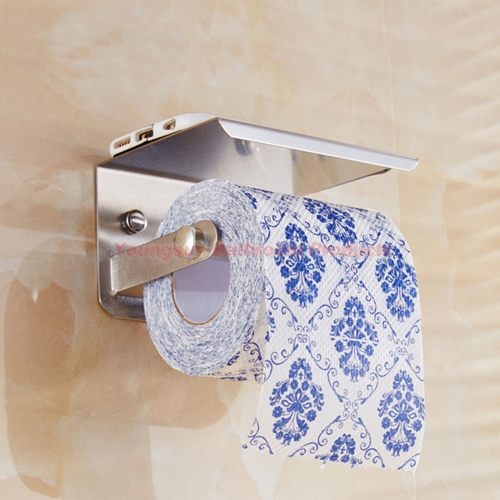 Stainless Steel Bathroom Rack Toilet Tissue Dispenser Toilet Paper Holder with Mobile Phone Shelf