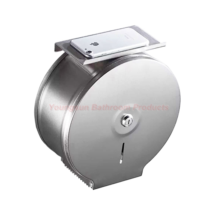 Commercial Stainless Steel Lockable Jumbo Toilet Roll Holder with Phone Shelf Toilet Tissue Holder