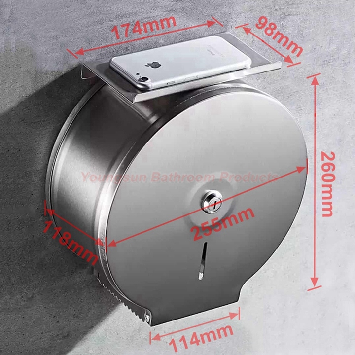 Commercial Stainless Steel Lockable Jumbo Toilet Roll Holder with Phone Shelf Toilet Tissue Holder