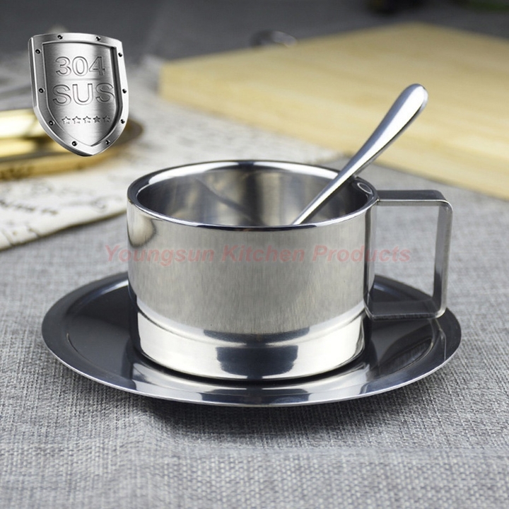 High Quality 304 Stainless Steel Coffee Cup Saucer and Spoon Set SUS304 Double Wall Tea Cup