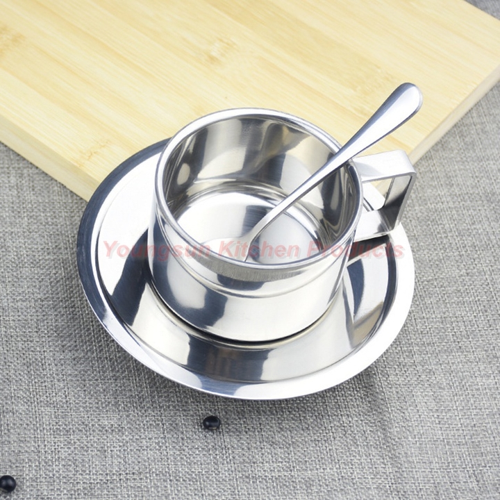 High Quality 304 Stainless Steel Coffee Cup Saucer and Spoon Set SUS304 Double Wall Tea Cup