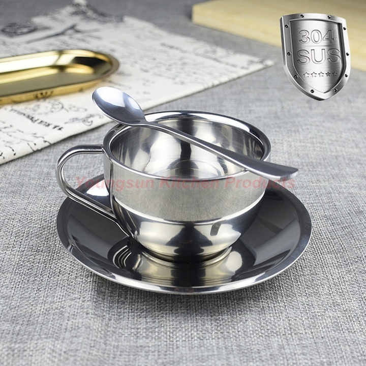 High Quality 304 Stainless Steel Coffee Cup Saucer and Spoon Set SUS304 Double Wall Tea Cup