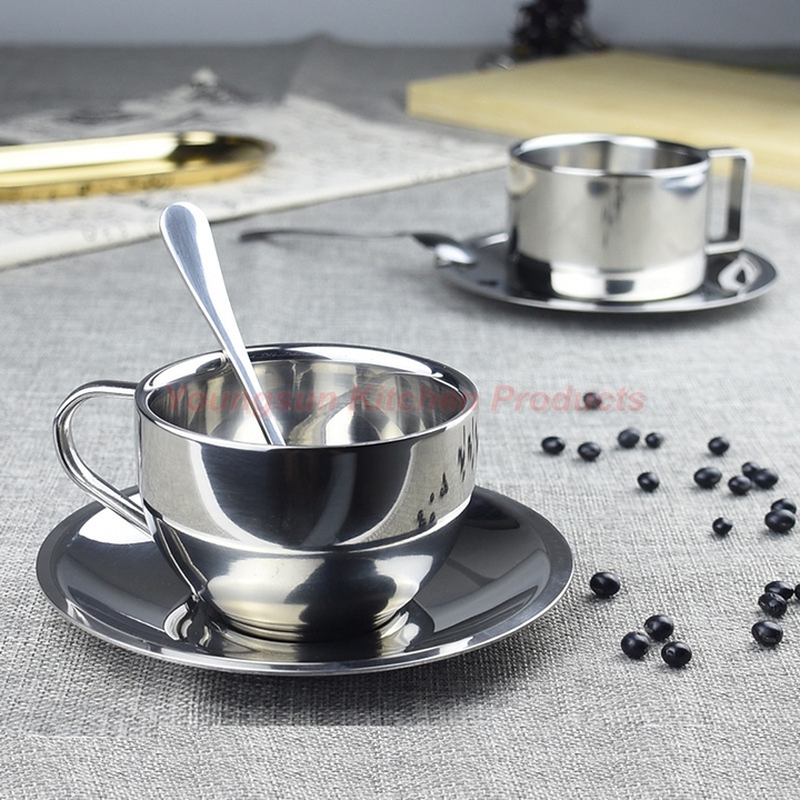 High Quality 304 Stainless Steel Coffee Cup Saucer and Spoon Set SUS304 Double Wall Tea Cup