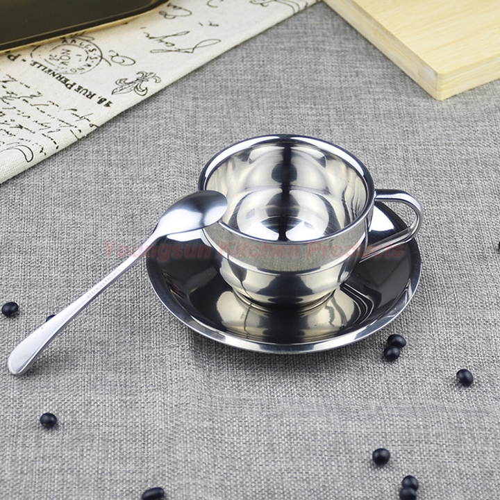 High Quality 304 Stainless Steel Coffee Cup Saucer and Spoon Set SUS304 Double Wall Tea Cup