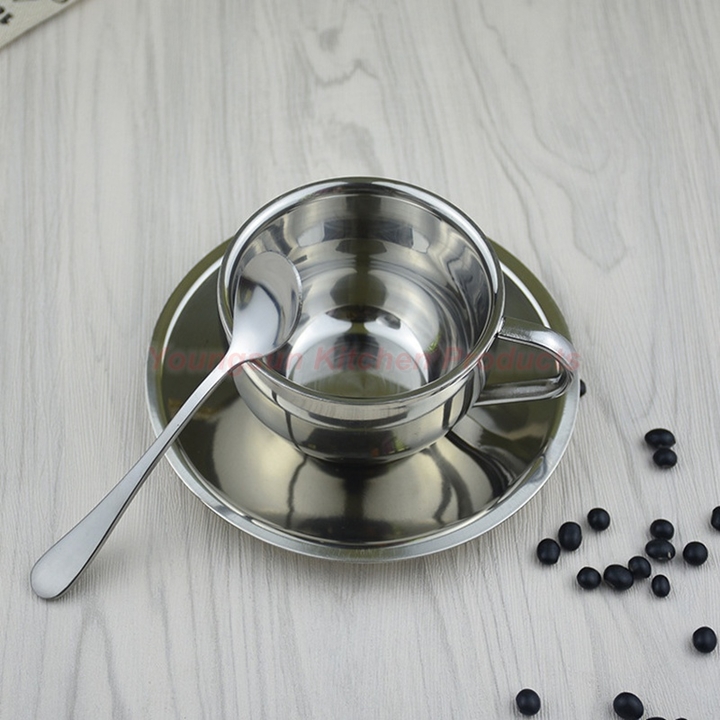 High Quality 304 Stainless Steel Coffee Cup Saucer and Spoon Set SUS304 Double Wall Tea Cup