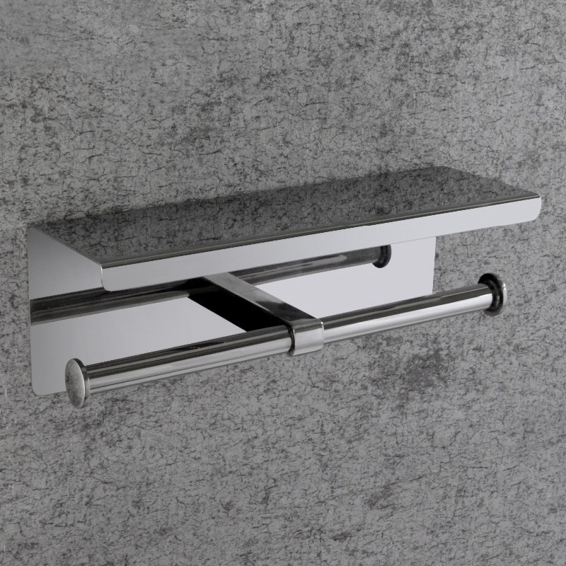 Luxury 304 Stainless Steel Double Toilet Paper Dispenser with Mobile Phone Shelf Bathroom Rack
