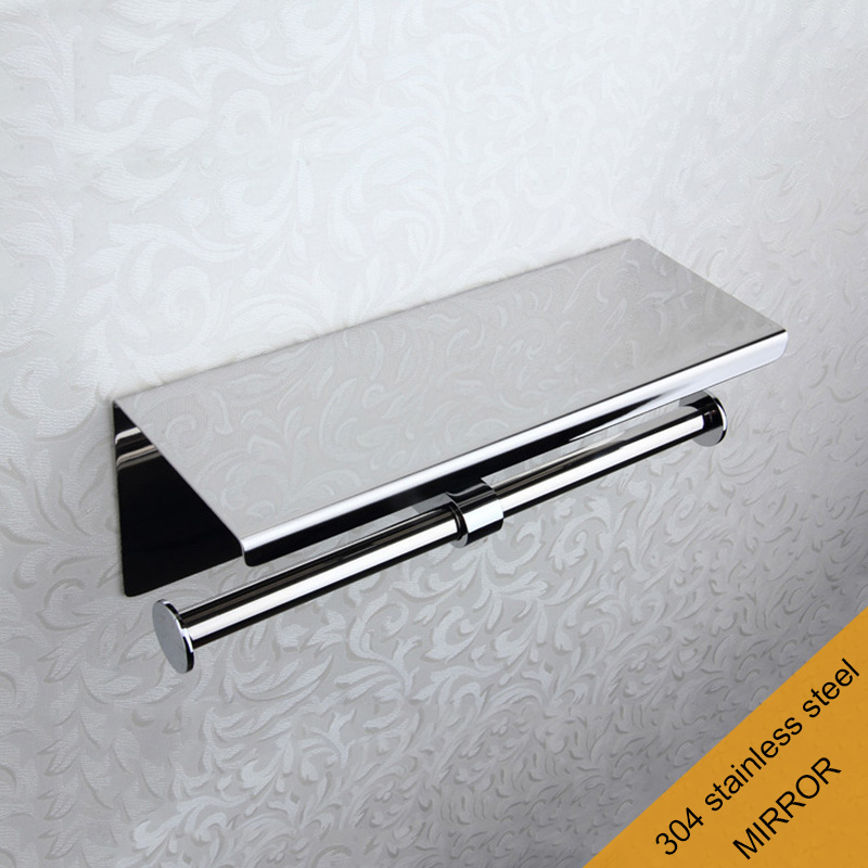 Luxury 304 Stainless Steel Double Toilet Paper Dispenser with Mobile Phone Shelf Bathroom Rack