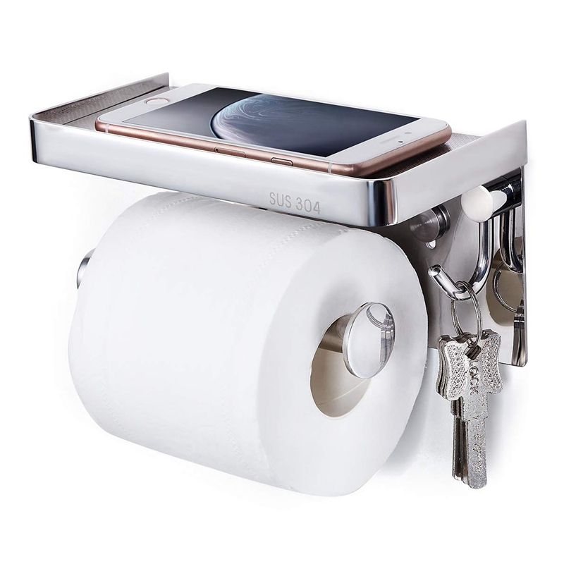 Luxury 304 Stainless Steel Toilet Paper Holder with Mobile Phone Shelf Phone Holder and Key Hook