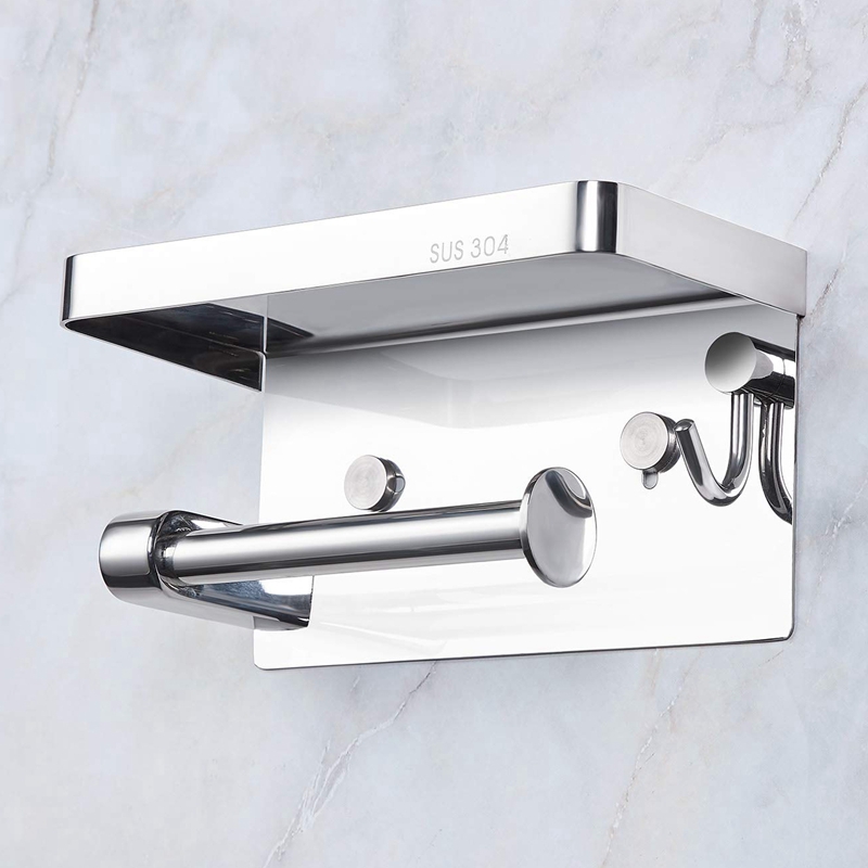 Luxury 304 Stainless Steel Toilet Paper Holder with Mobile Phone Shelf Phone Holder and Key Hook