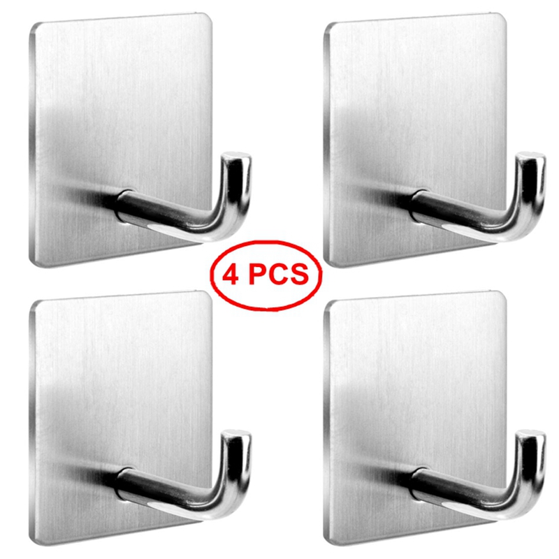 4 PCS Self Adhesive Towel Hooks 304 Stainless Steel Wall No Drill Clothes Hook for Kitchen Bathroom
