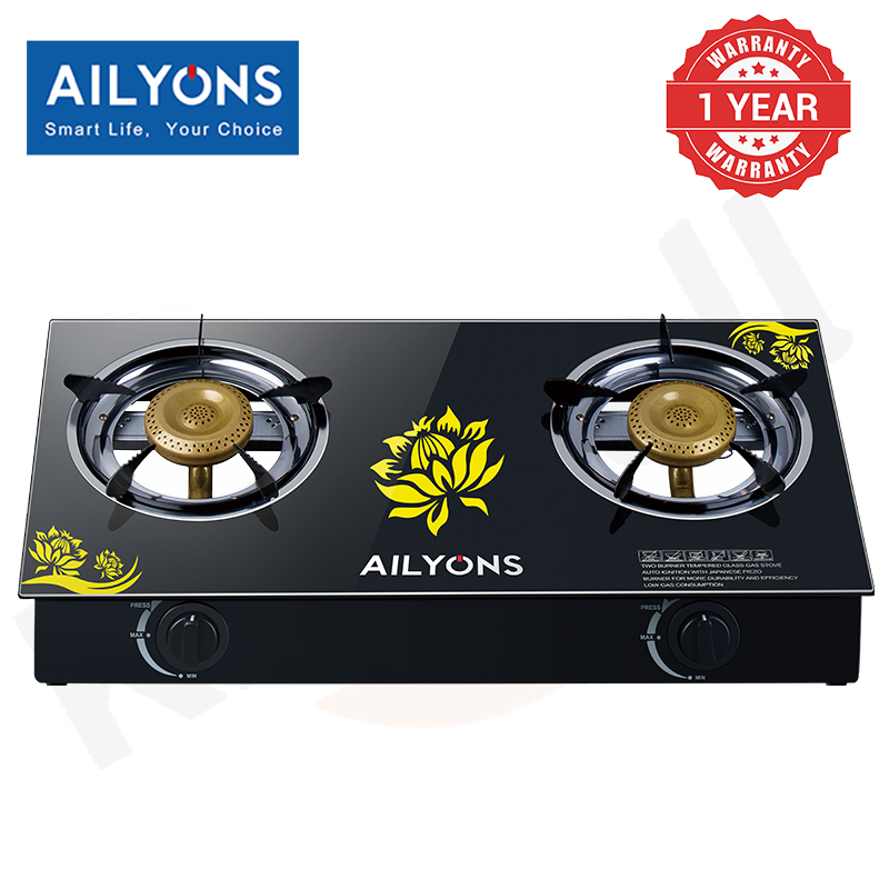 AILYONS/LYONS GS014-5 Glass Top Infrared Double Burner Gas stove Super Infrared Heater Saving Gas cooker Black【HOT】】