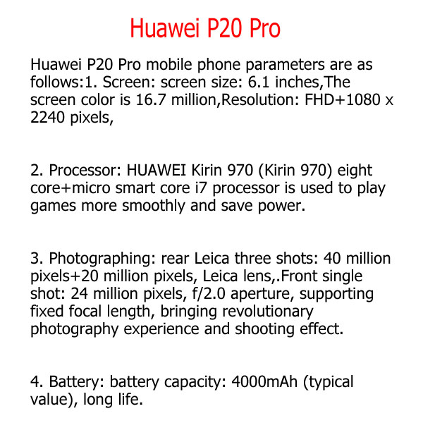 Refurbished huawei p20 pro Smart phone 6+128GB Dual SIM huawei phones Original Mobile Phone smart phones 6+128GB （Color Random）
