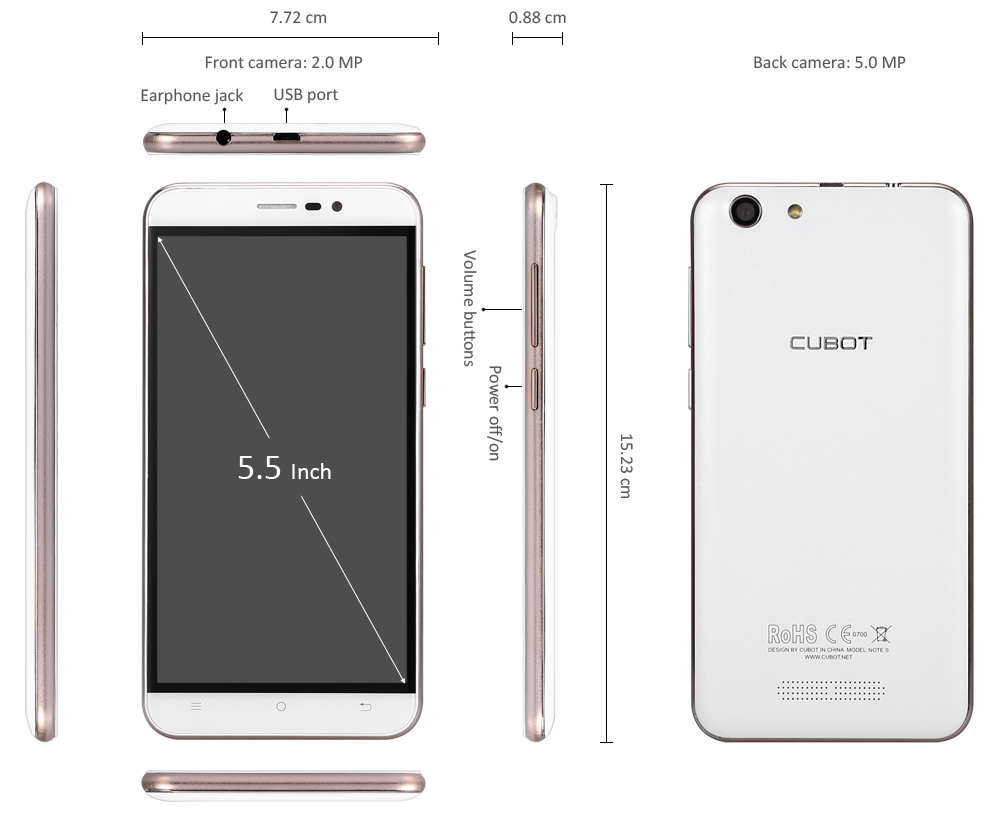 CUBOT NOTE S, A Free Cover,  5.5 HD, 2GB+16GB , 5MP+8MP Camer, 4150 mAH , Best Smart Mobile Phone