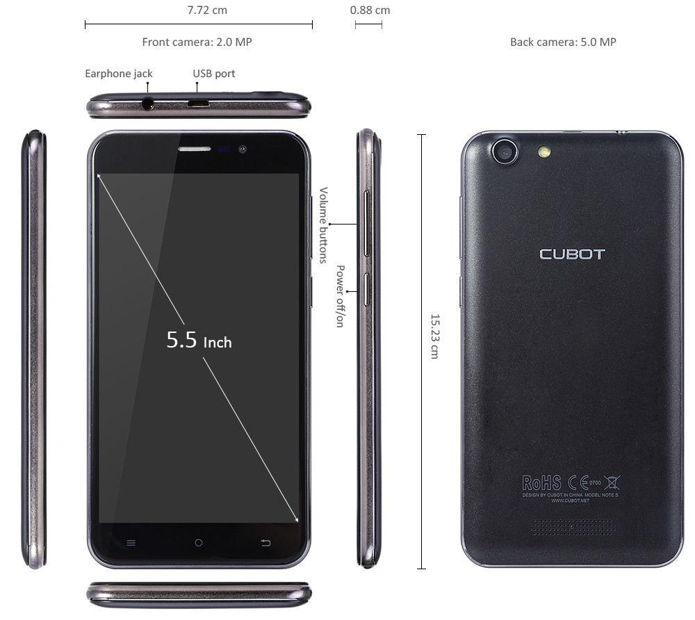 CUBOT NOTE S, A Free Cover,  5.5 HD, 2GB+16GB , 5MP+8MP Camer, 4150 mAH , Best Smart Mobile Phone