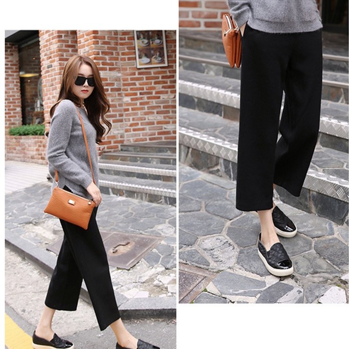 Casual High-waisted Wide Leg Pants Solid Color Calf-length Pants for Female