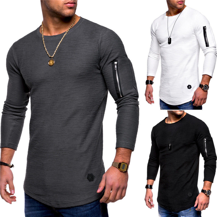 Men T-shirt Long Sleeve Casual Zipper T-shirt Solid Pullover Sweatshirt Men Shirt