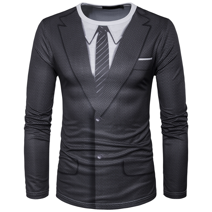 Lucky Men Fashion Fake Two 3D Suit Three-dimensional Printing Men&apos;s Round Neck Long-sleeved T-shirt