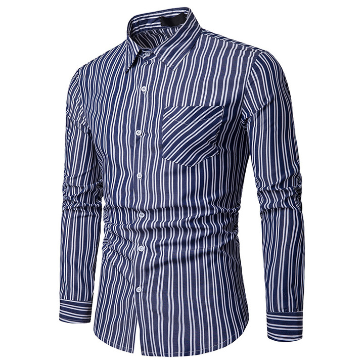 Lucky Men Fashion Men&apos;s Business Stripe Casual Long Sleeve Shirt