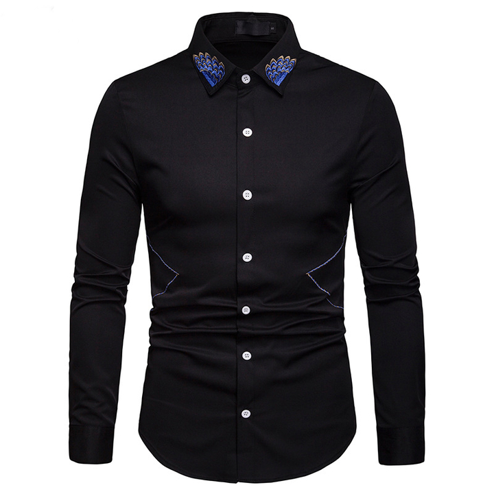 Lucky Men Fashion Men&apos;s Business Lapel Embroidered Casual Long Sleeve Shirt