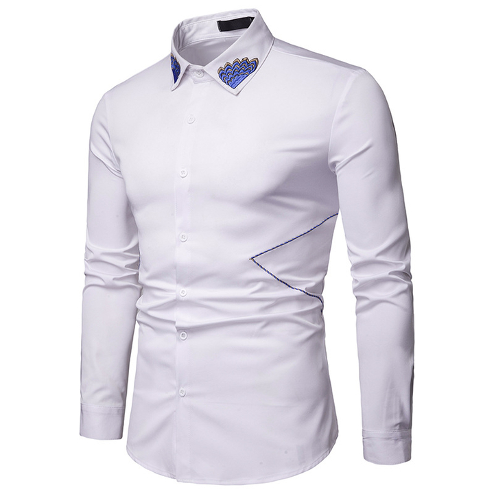 Lucky Men Fashion Men&apos;s Business Lapel Embroidered Casual Long Sleeve Shirt