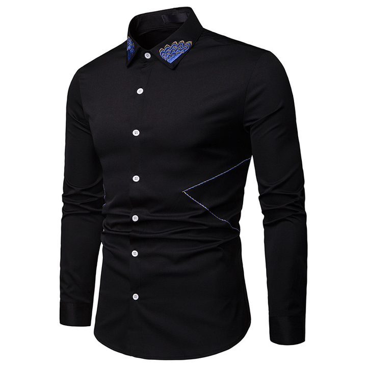 Lucky Men Fashion Men&apos;s Business Lapel Embroidered Casual Long Sleeve Shirt