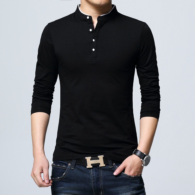 Men Stand Collar Long Sleeve 100%Cotton T-Shirt Korean Fashion Slim Polos