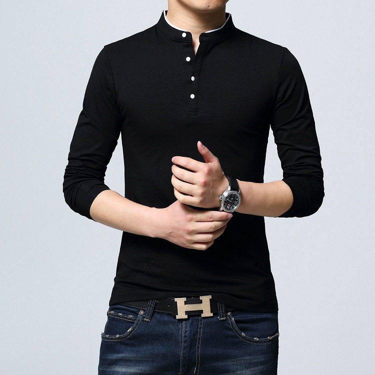 Men Stand Collar Long Sleeve 100%Cotton T-Shirt Korean Fashion Slim Polos