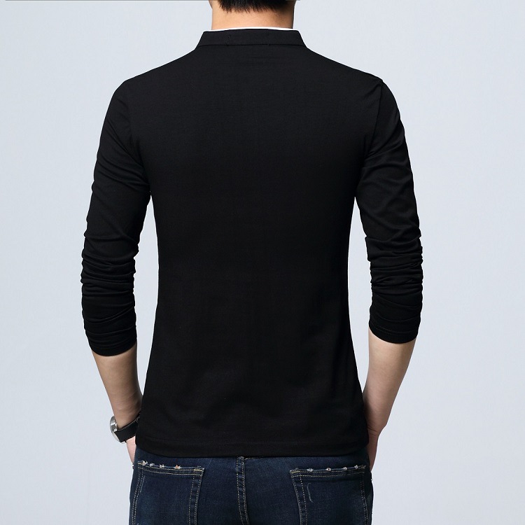 Men Stand Collar Long Sleeve 100%Cotton T-Shirt Korean Fashion Slim Polos