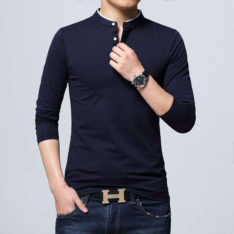 Men Stand Collar Long Sleeve 100%Cotton T-Shirt Korean Fashion Slim Polos