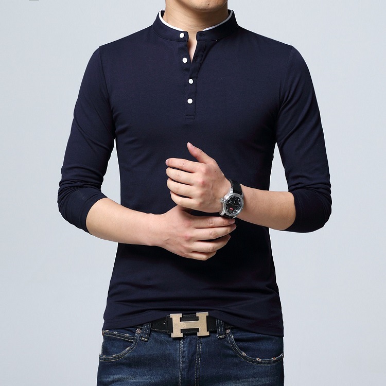 Men Stand Collar Long Sleeve 100%Cotton T-Shirt Korean Fashion Slim Polos