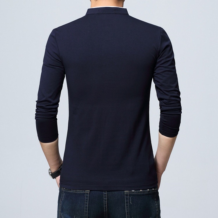 Men Stand Collar Long Sleeve 100%Cotton T-Shirt Korean Fashion Slim Polos