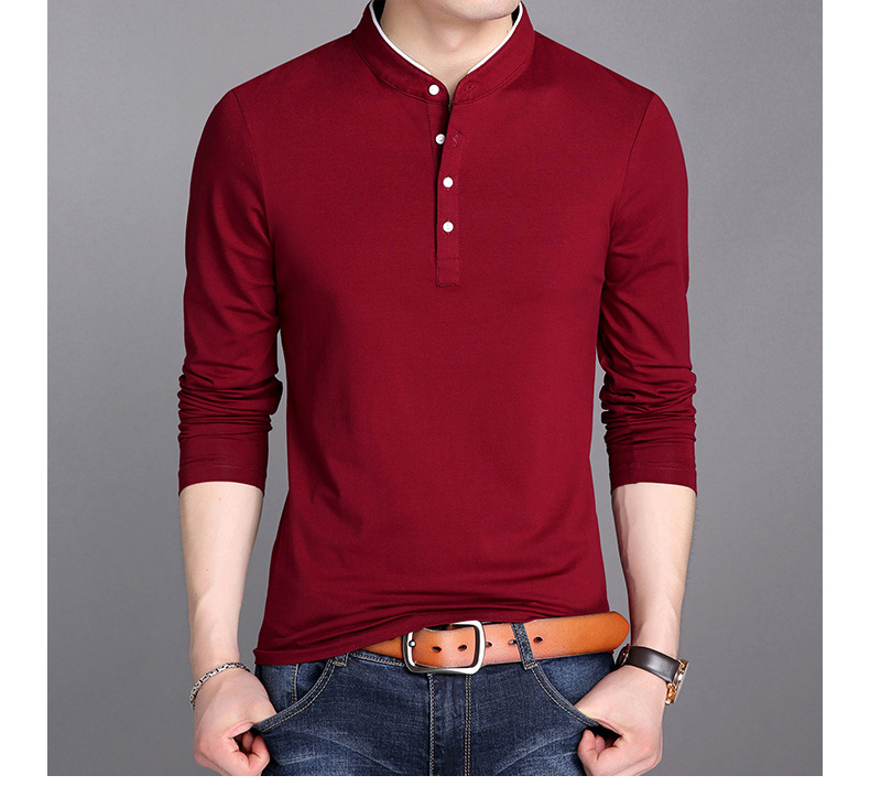Men Stand Collar Long Sleeve 100%Cotton T-Shirt Korean Fashion Slim Polos